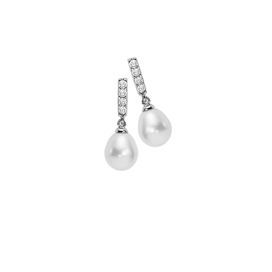 Sterling Silver earrings with a dangle fresh water pearl accented with CZ