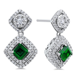 Ladies Princess Cut Created Emerald Dangle Earrings set in Sterling Silver with CZ accents