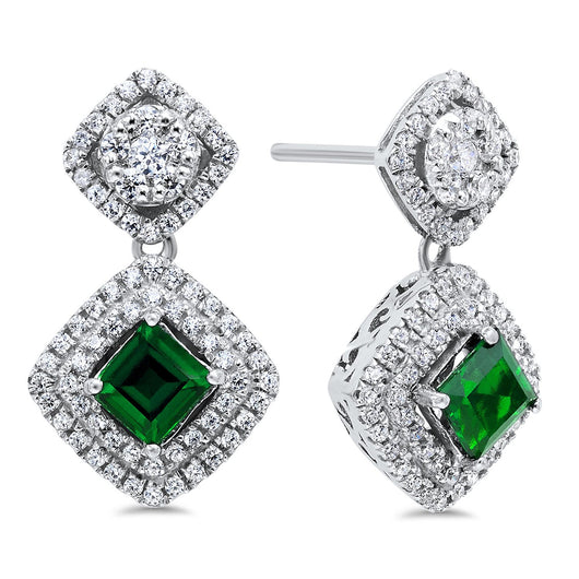Ladies Princess Cut Created Emerald Dangle Earrings set in Sterling Silver with CZ accents